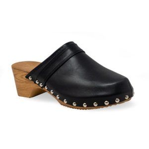 WOMENS CLOGS FAUX WOOD STUDDED CHUNKY MULES  Black Size 9